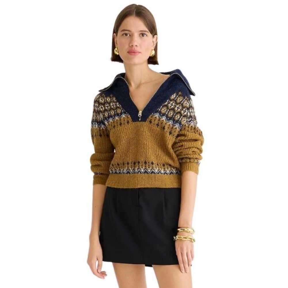 J. Crew Navy and Mustard Fair Isle Half-Zip Sweater